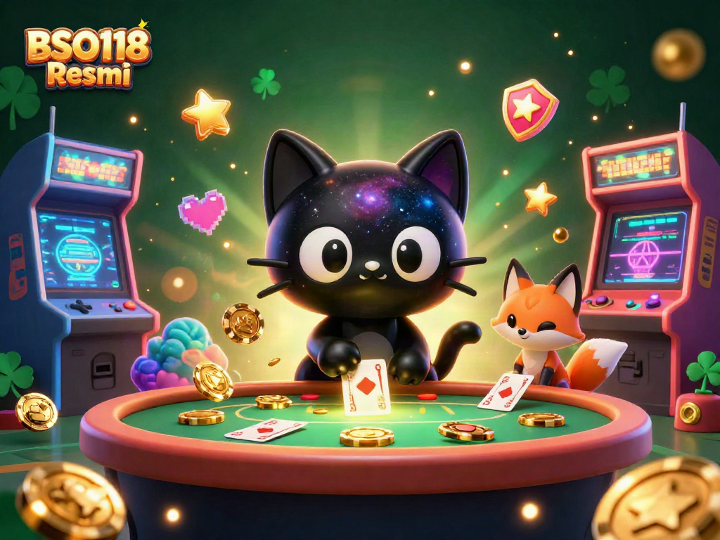 Experience BSO118 Resmi with a cosmic illustration of a black hole cat and nebula fox at a casino.