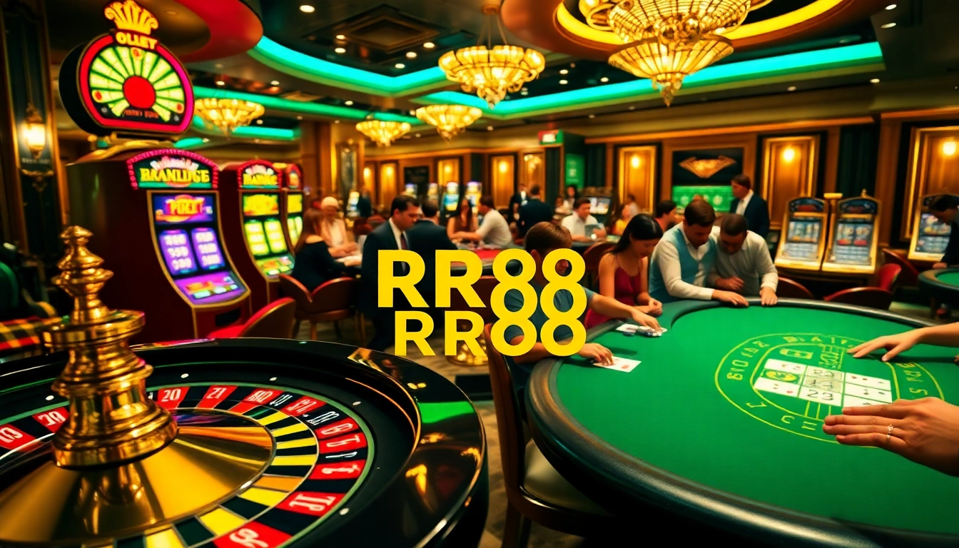 Exciting RR88 casino scene with roulette wheel and diverse players enjoying the games.