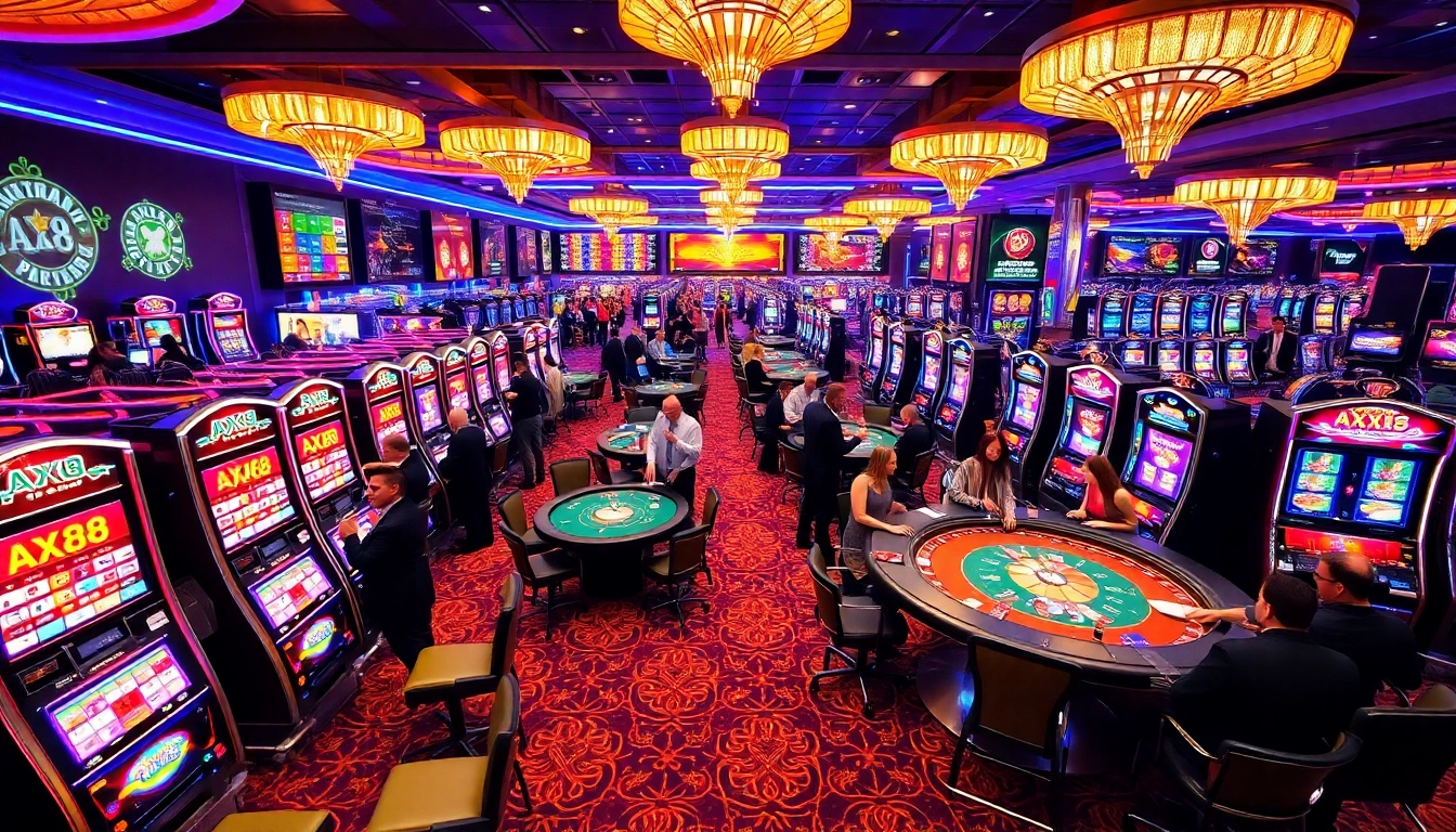 Exciting gambling action at AXX88 casino with vibrant slot machines and engaged players.