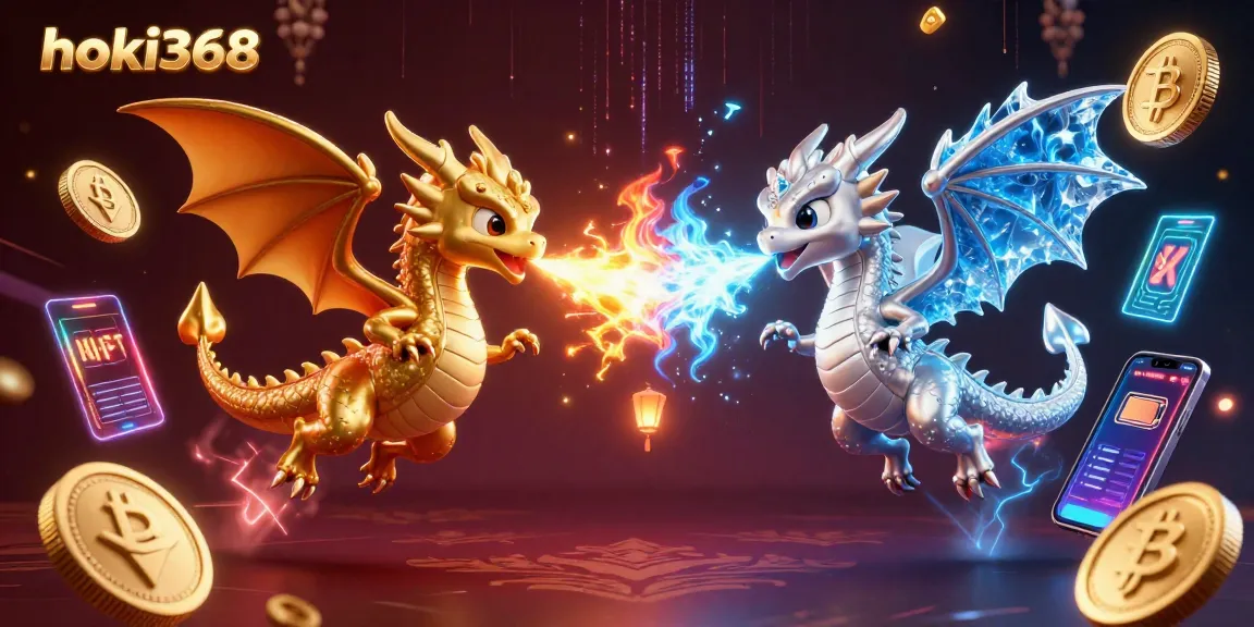 Experience exciting gaming at hoki368 with golden and silver dragons, crypto elements, and vibrant visuals.