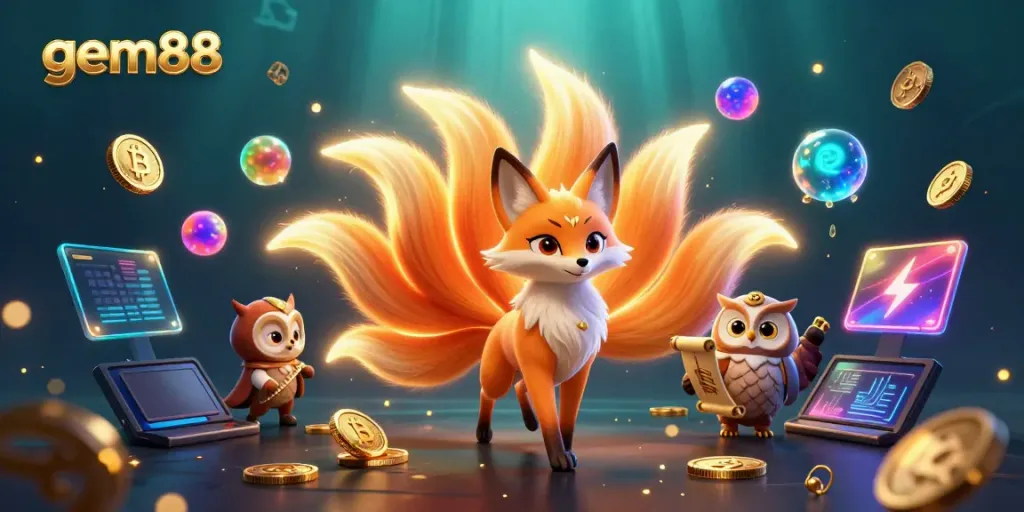 Engage with gem88's colorful and vibrant casino experience featuring fantastical characters and cryptocurrency elements.