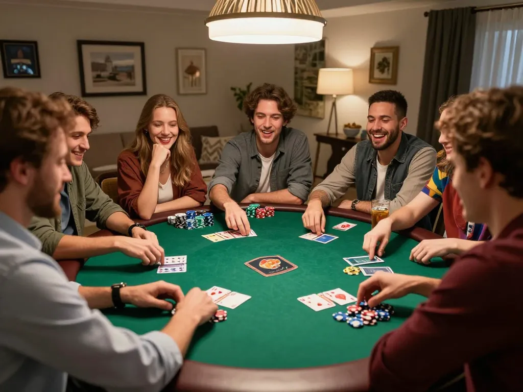 Friends playing poker at home highlighting sunwin entertainment and camaraderie.