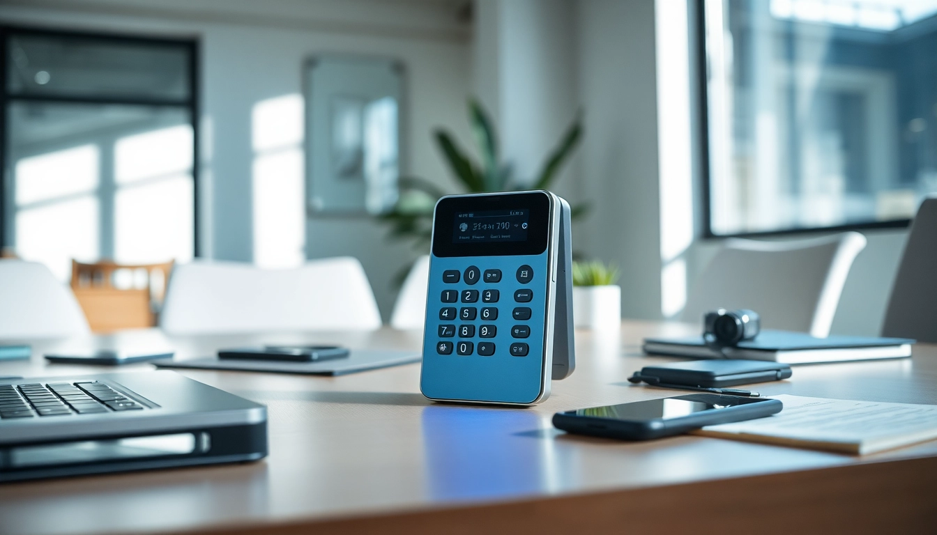 Phonelocker auf einem Schreibtisch mit moderner Technologie und einem einladenden Licht.