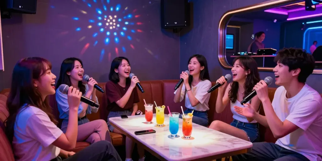 강남 달토에서 즐거운 노래방 세션을 즐기는 친구들