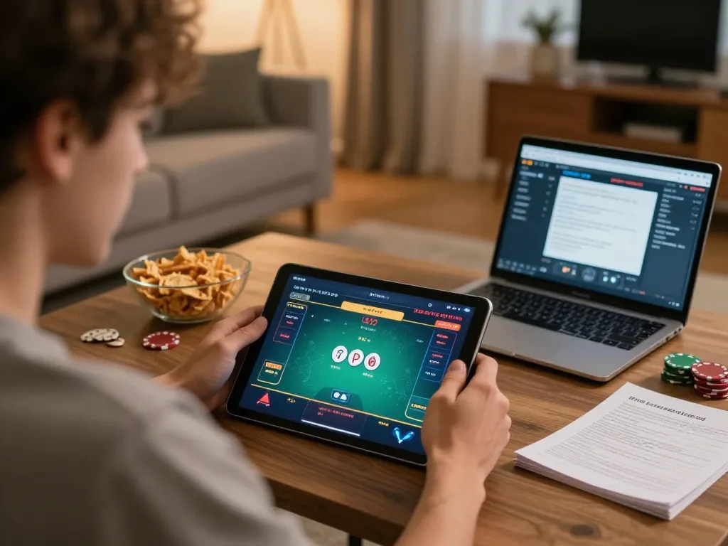 Player engaging with tablet for mb66-t poker game, reflecting responsible gaming habits in cozy setting