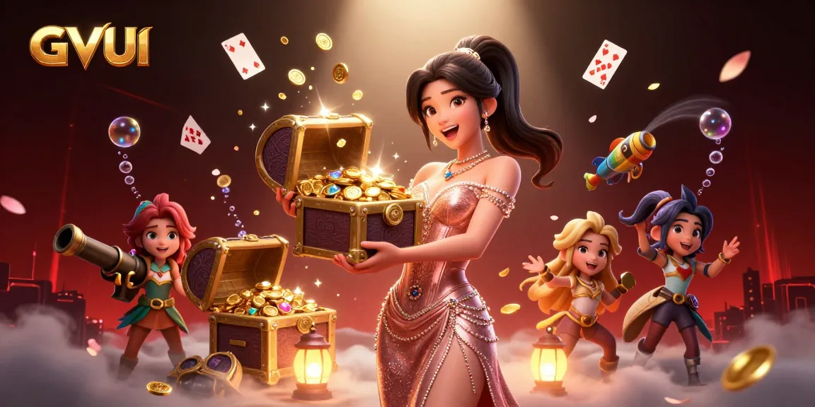 Win big with GVUI in an exciting online casino scene filled with treasure and vibrant game elements.
