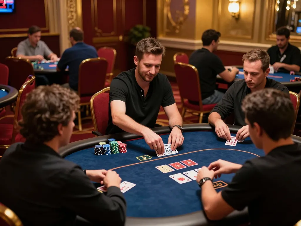 Intense poker action at MM88 casino, players focused on strategy with colorful chips stacked.