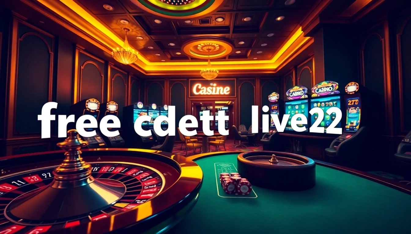 Experience thrilling gameplay with free credit live22 in a luxurious online casino setting featuring vibrant tables and slot machines.