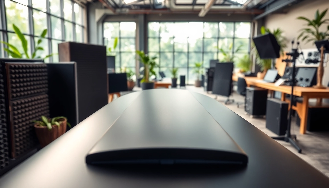 Showcase of Sound and Vibration Control Products in a modern workspace highlighting acoustic panels and isolation mounts.