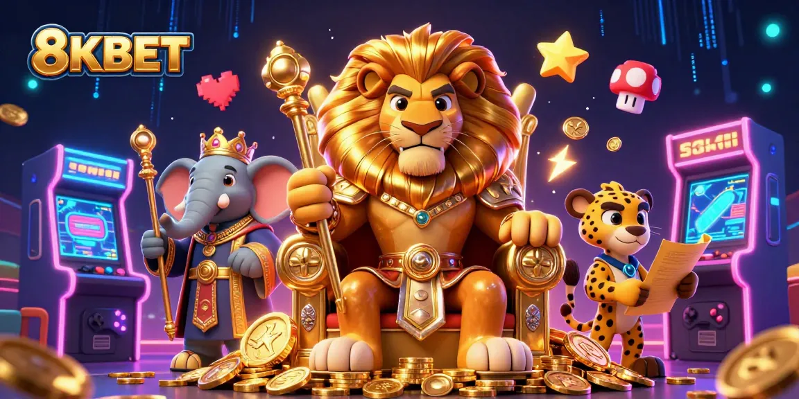 Experience winning with 8KBET in this vibrant illustration of a cartoon kingdom filled with games and treasures.