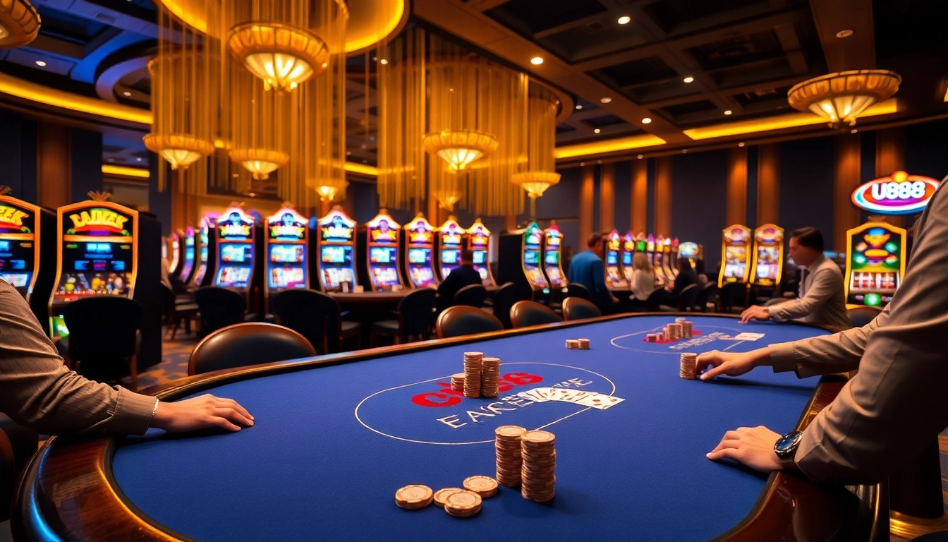 Experience the thrill of U888's high-stakes gaming with luxurious poker tables and vibrant slot machines.