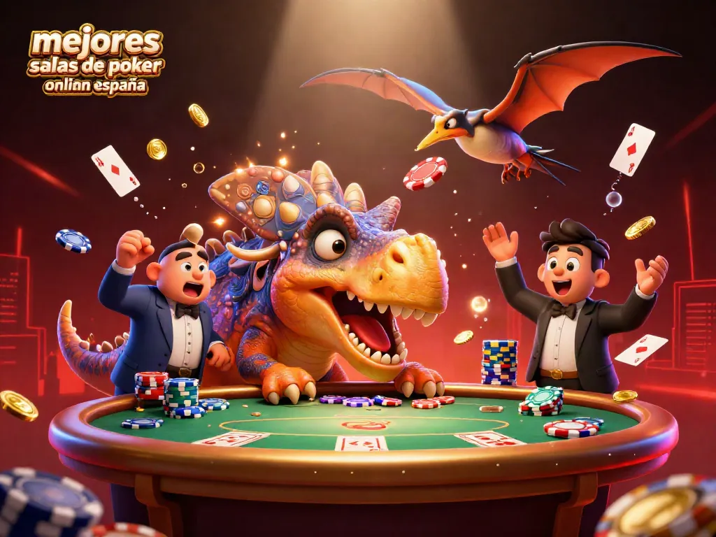 Mejores salas de póker online España con un pachycephalosaurus jugando y ganando fichas.