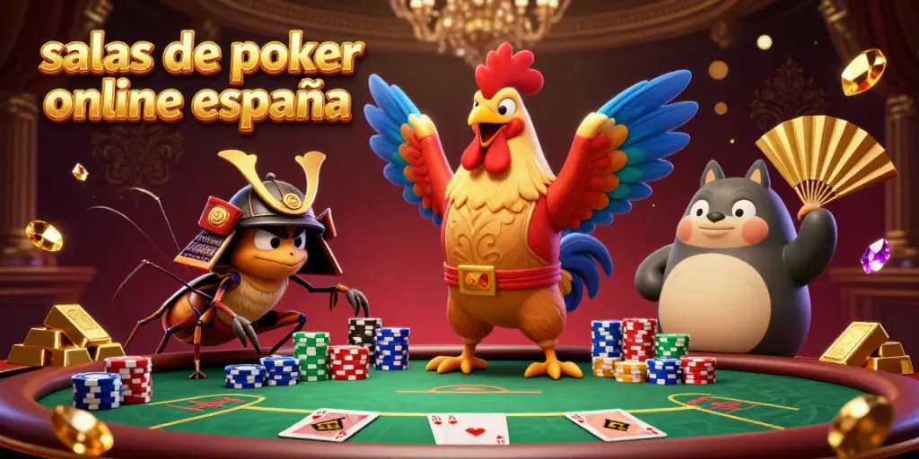 Una emocionante escena de salas de poker online españa con un gallo poderoso, un grillo samurái y un tanuki celebrando.