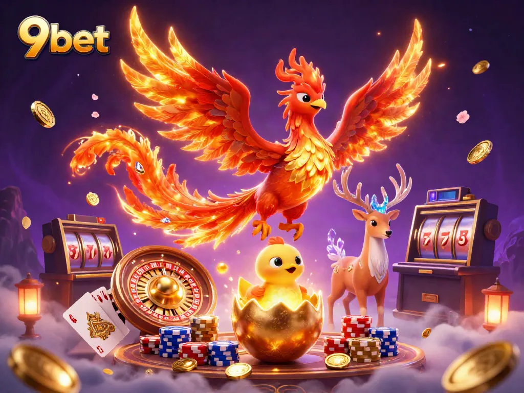 Experience the vibrant world of 9bet with a captivating phoenix scene surrounded by casino elements.