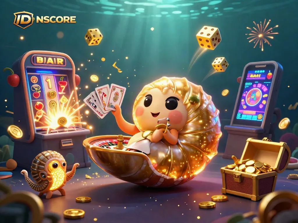 IDNSCORE showcases an energetic scene with a giant nautilus roulette, slot machines, and vibrant casino elements.