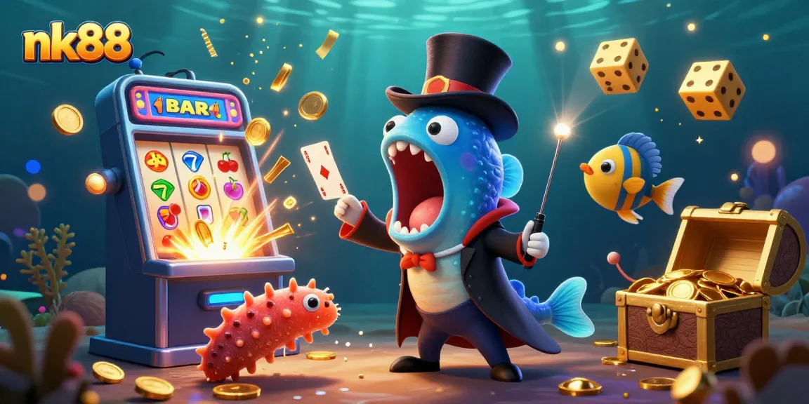 Engage in thrilling slots with nk88's vibrant underwater casino scene bursting with jackpots and excitement.