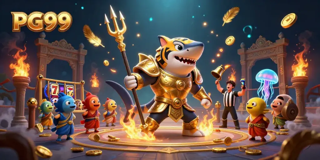 PG99 showcases a fierce shark gladiator battling in a vibrant casino scene filled with gold and excitement.
