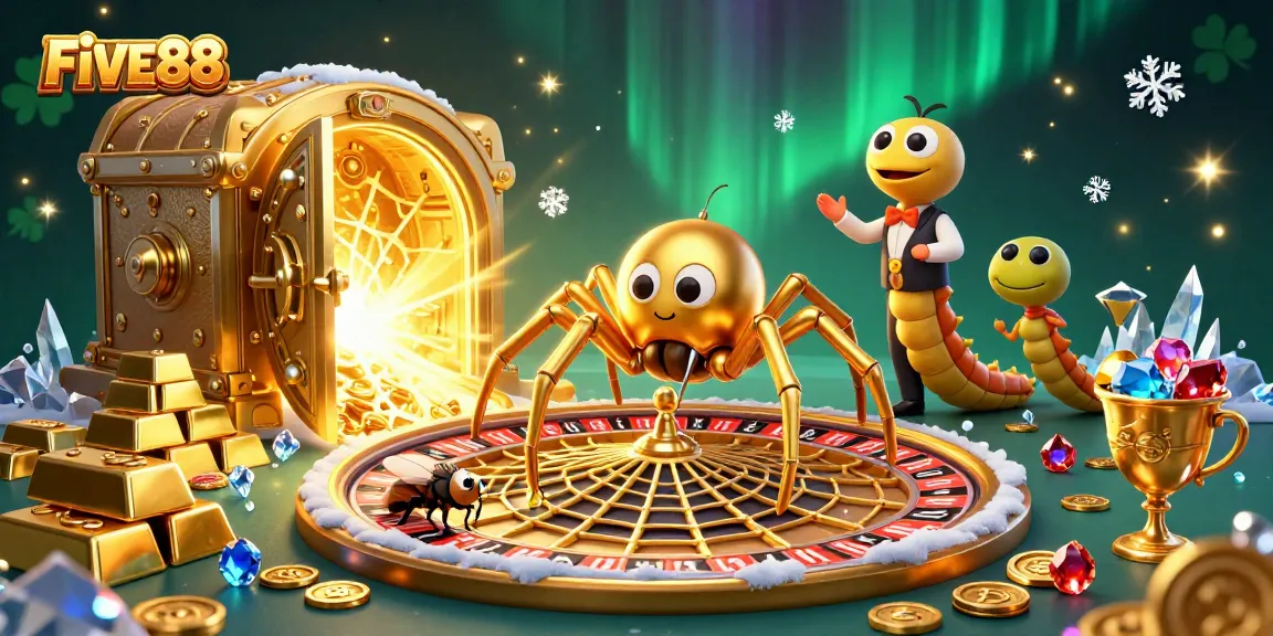 Join the excitement of FIVE88 at this vibrant casino-themed illustration depicting a spider as a croupier!