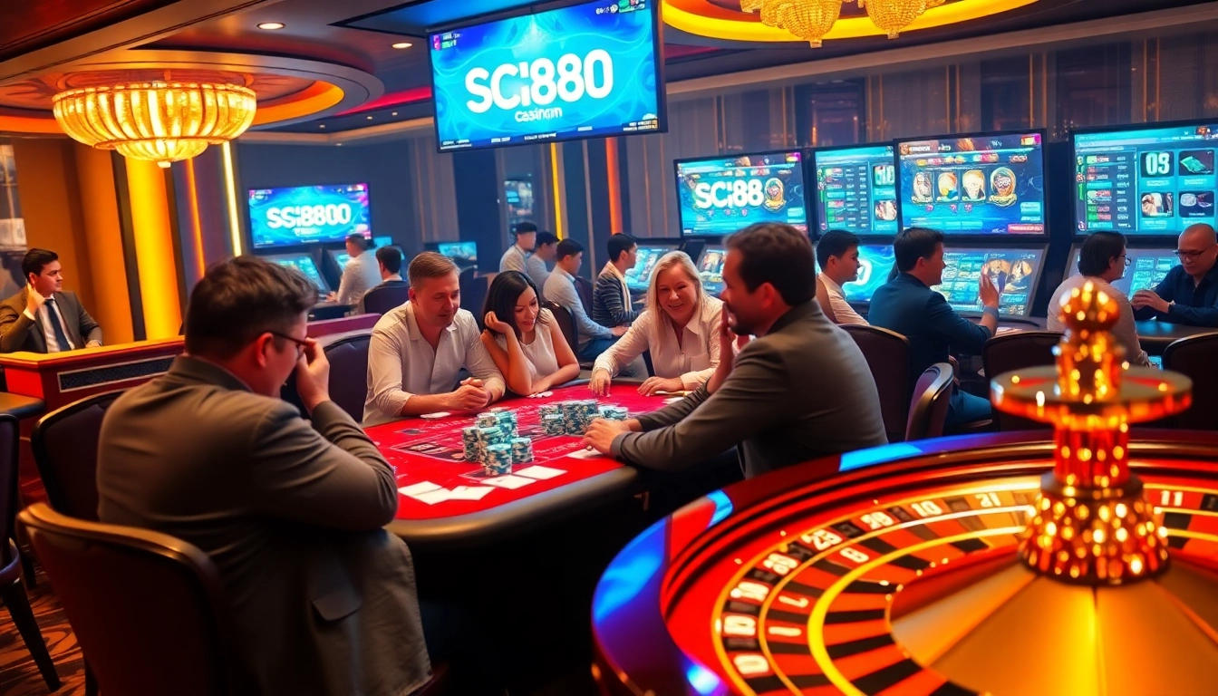 Engaged players enjoying a thrilling SC88COM casino experience with poker chips and roulette wheels.