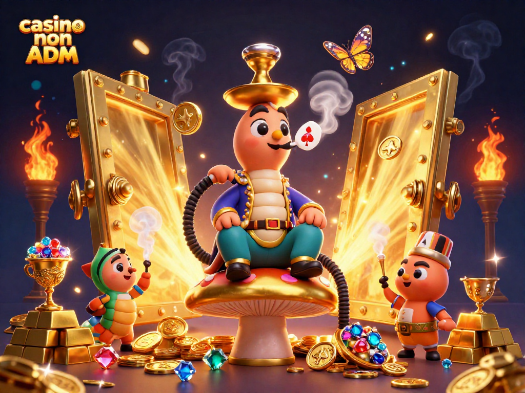 Gioca con il caterpillar master nel casino non ADM, circondato da simboli del poker e tesori.