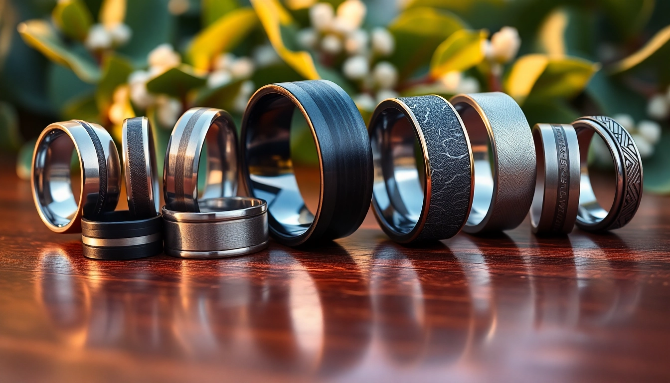 Discover exquisite tungsten rings showcasing unique designs and textures on a wooden surface.
