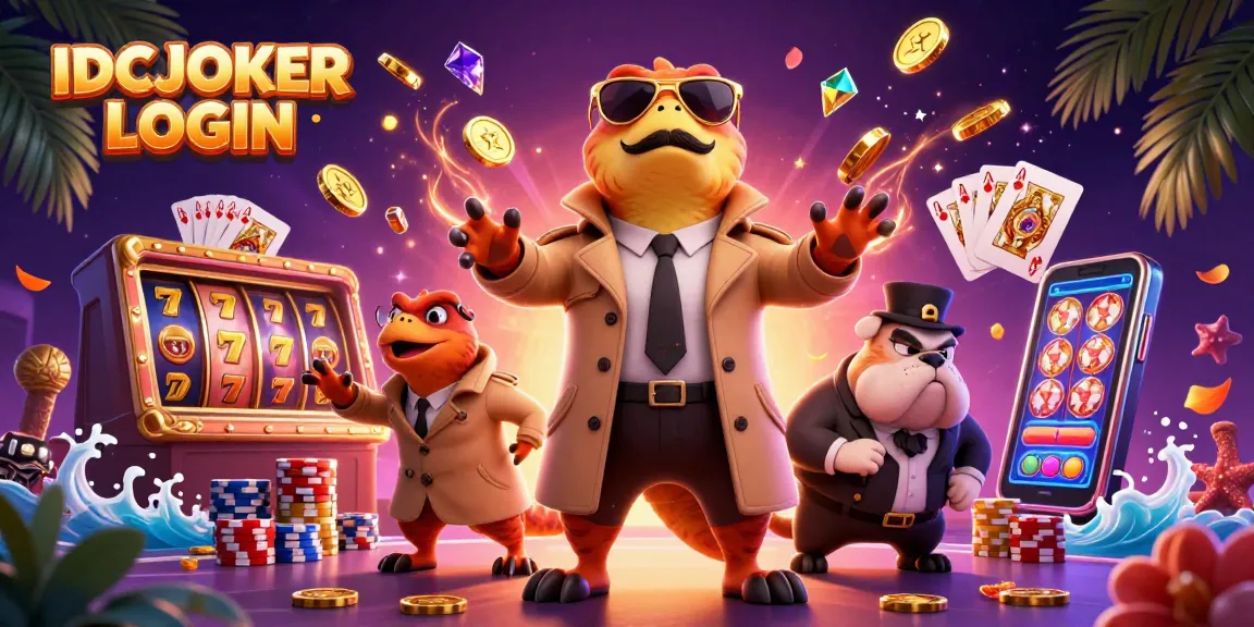IDCJOKER LOGIN showcases a whimsical 3D scene with raptors in a trench coat attempting casino access.