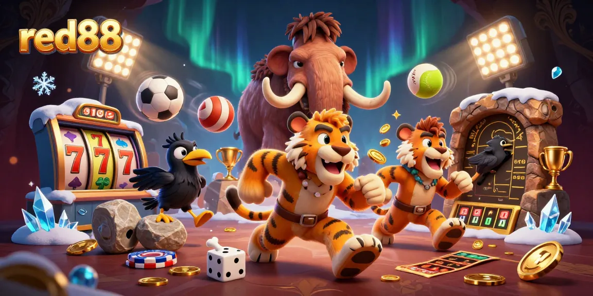 Experience red88's thrilling jackpot thrills amidst a lively prehistoric casino, featuring unique gaming elements.