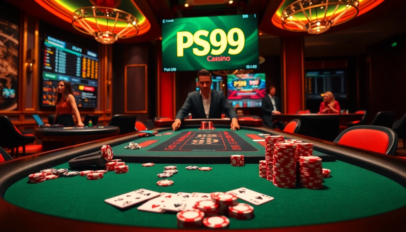 Experience PS99's thrilling online casino with vibrant poker chips and an elegant gaming table.