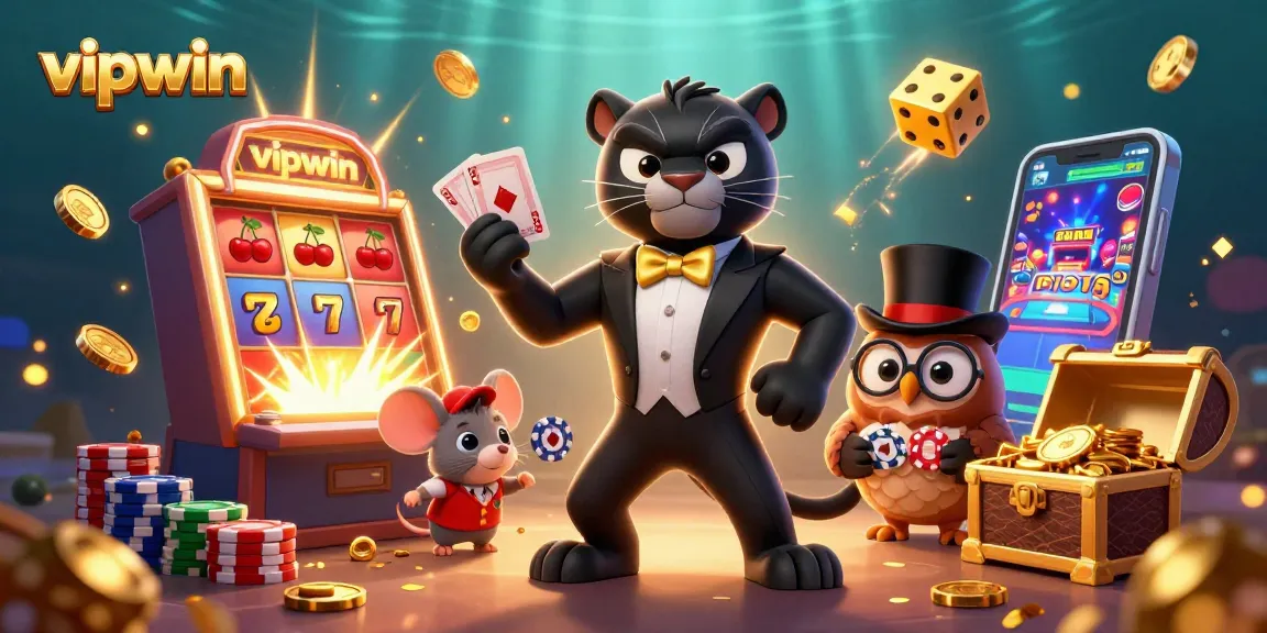 Experience vipwin excitement with a stylish black panther dealer, owl, and lucky mouse in a vibrant casino scene.