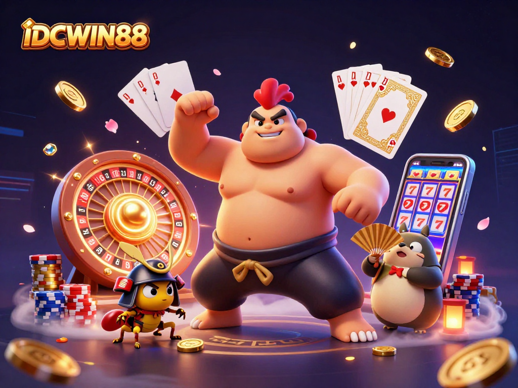 Engage with gaming excitement at IDCWIN88 with a dynamic 3D casino scene featuring a sumo wrestler rooster.