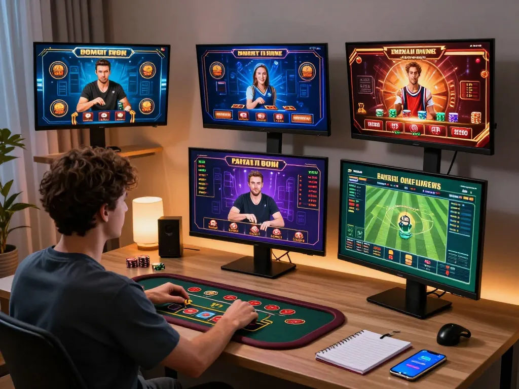Người chơi 12bet phân tích các chiến lược cá cược trên nhiều màn hình trong một thiết lập chơi game hiện đại.