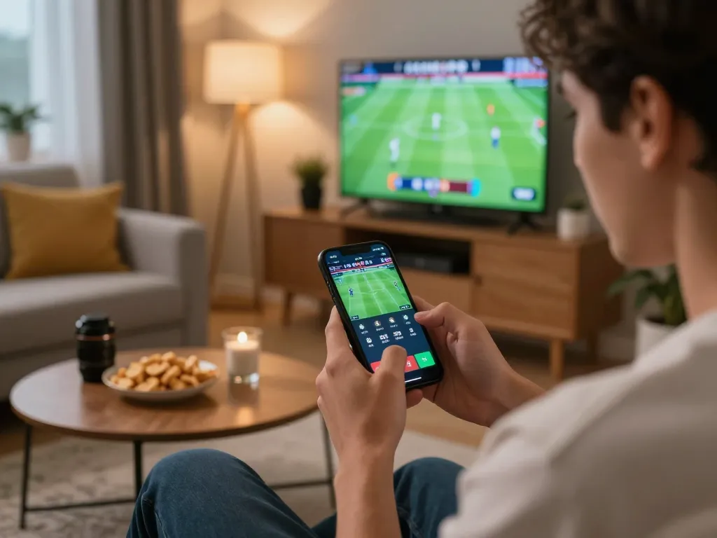 Persona che analizza scommesse sportive su uno smartphone in un vivace ambiente domestico, che mostra siti scommesse non AAMS.