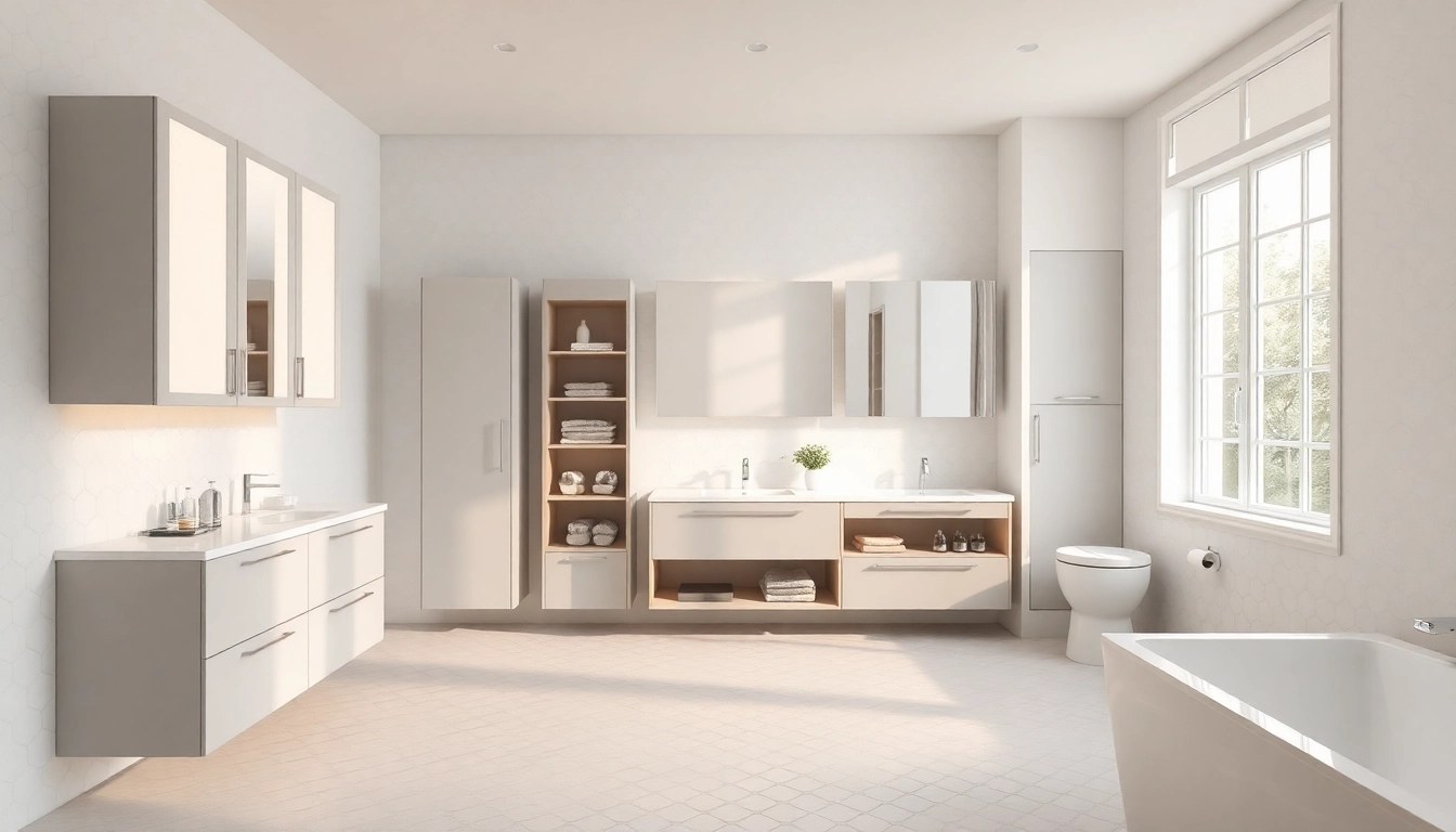 Highlighting illuminated bathroom cabinets in a serene bathroom setting with modern decor.