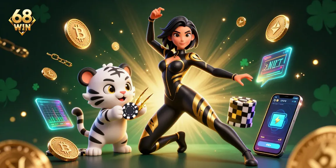 Engage in thrilling games at 68 WIN, featuring a dynamic illustration with a cat-suited woman and playful tiger.