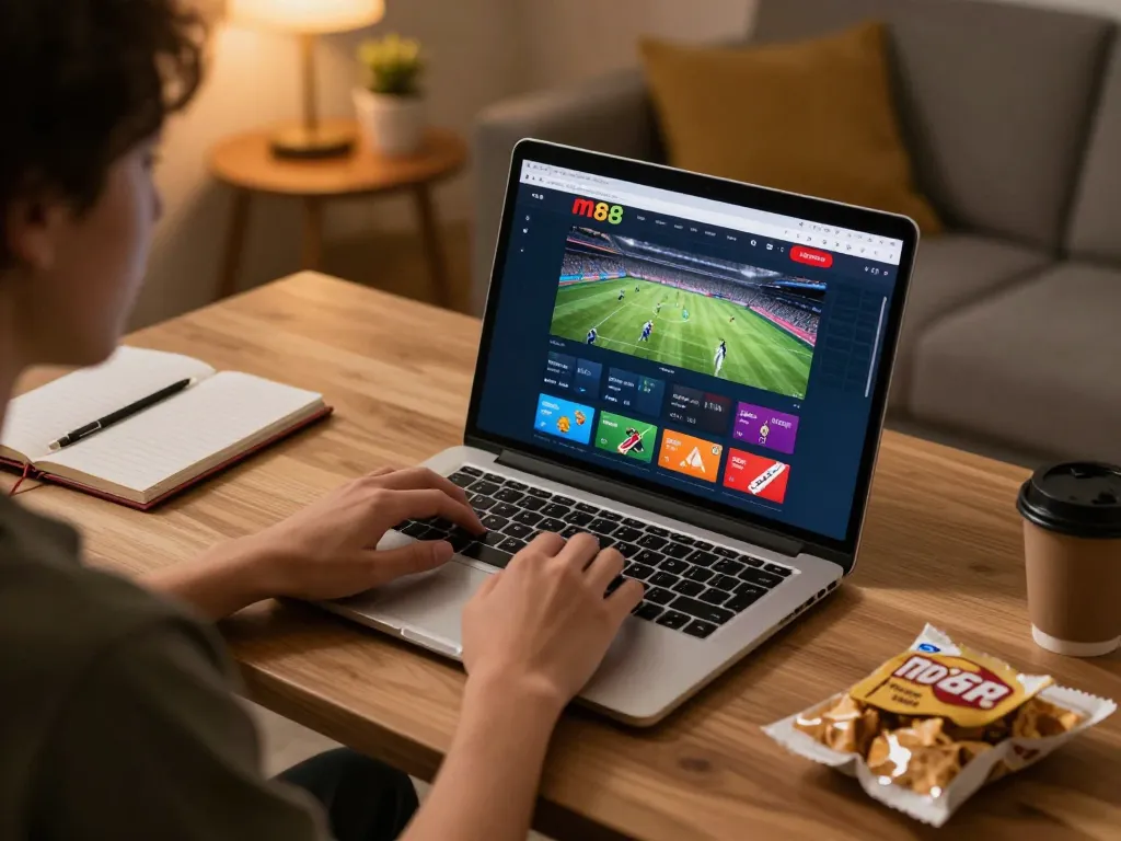 Enjoying sports betting on https://www.mnm88.com/ from a cozy home setup, laptop displaying odds.