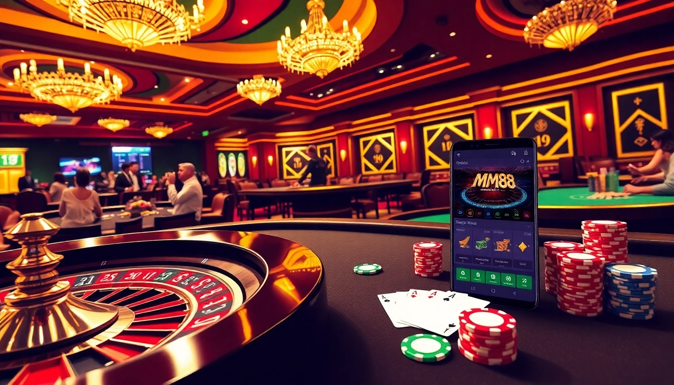 Experience the thrill of MM88 with vibrant casino visuals, showcasing roulette and poker excitement.