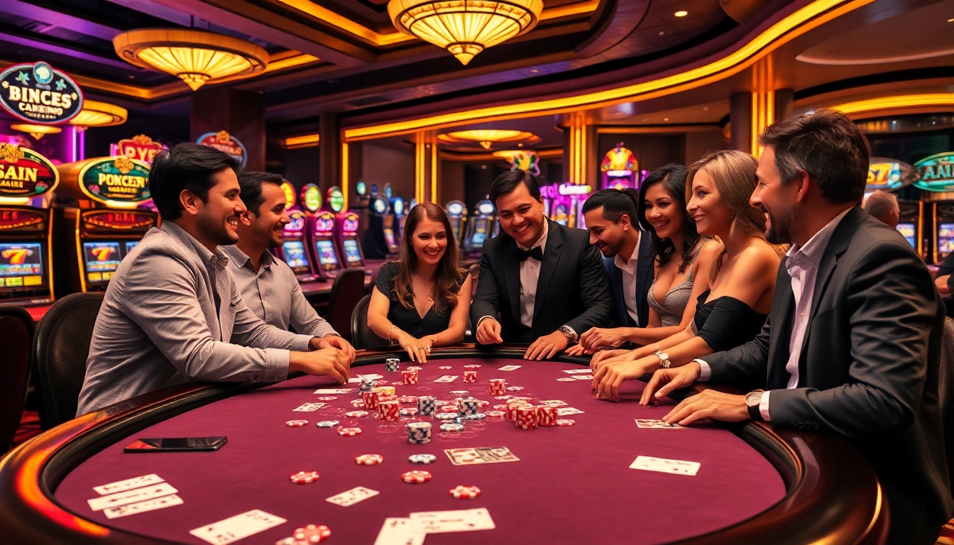 Players engaging in a thrilling mmoo gambling experience at a vibrant casino table filled with chips and cards.