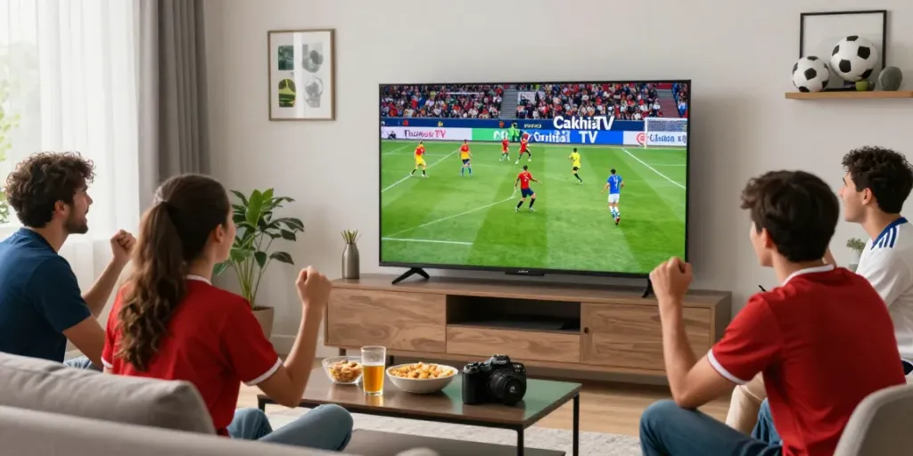 Friends enjoying live soccer streaming on CakhiaTV in a vibrant living room.