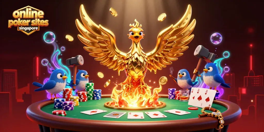 Experience thrilling online poker sites Singapore with a phoenix emerging from gold-filled festival.