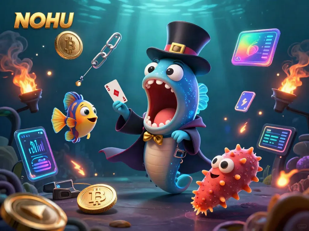 Engage with NOHU as a bioluminescent eel magically reveals cards, surrounded by vibrant casino elements.