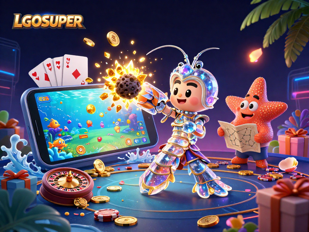 Exciting gaming action at LGOSUPER with a galactic mantis shrimp and treasures overflowing.