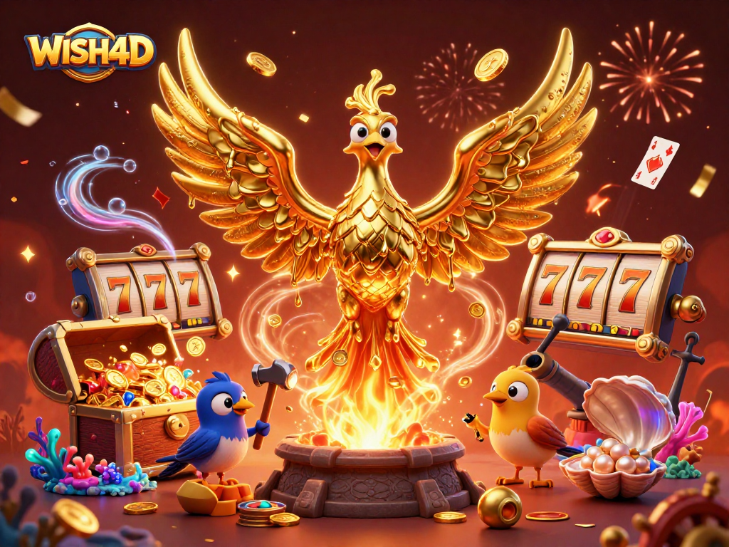 WISH4D's animated golden phoenix winning big amid vibrant slots and treasures!