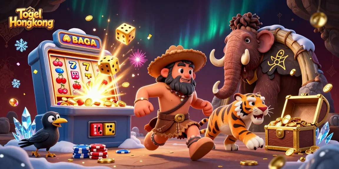 Togel Hongkong delivers thrilling casino excitement with a vibrant prehistoric scene featuring a caveman, sabertooth tiger, and clever crow.
