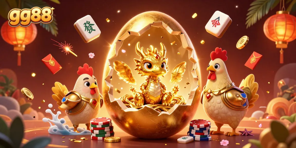 Experience excitement with gg88's dazzling golden dragon and poker chips in a vibrant casino scene.