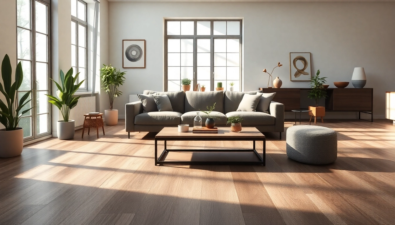 Showcase vinyl plank flooring in an earth taupe living room that combines elegance and comfort.