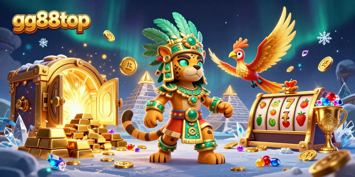 gg88top casino scene showcasing vibrant Mayan motifs, slot reels, and abundant treasures.