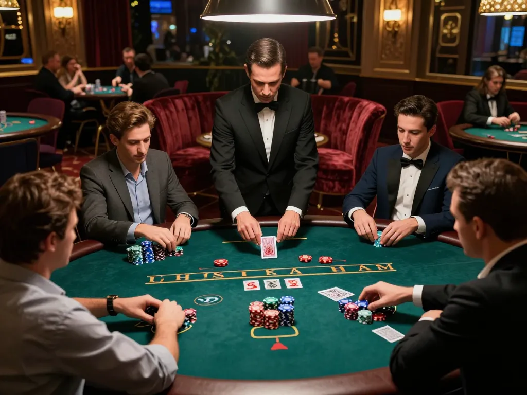 uk88 com players strategizing in intense blackjack game at upscale casino.