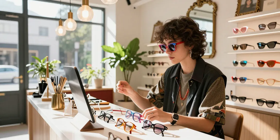 Stylish individual choosing óculos de grau in a vibrant eyewear boutique with colorful frames.