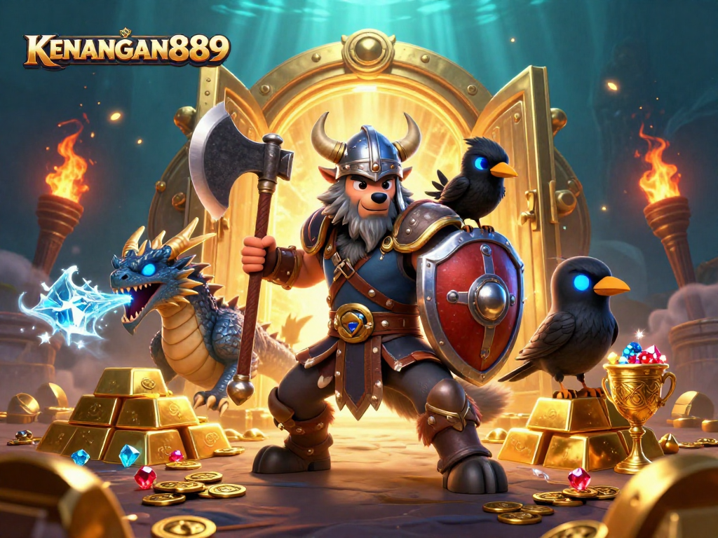 Experience thrilling gameplay at KENANGAN889 with a dynamic illustration of engaging characters amidst a treasure trove.