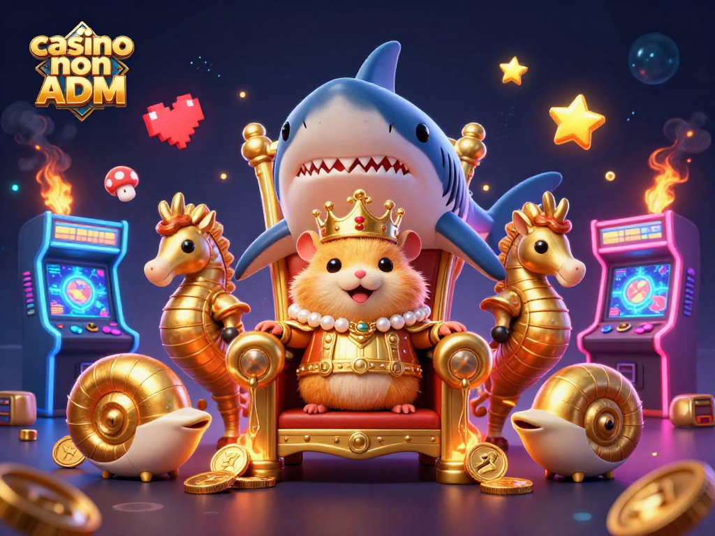 Slot e giochi d'azzardo in un'illustrazione 3D con casino non ADM, re criceto e seahorse armati.